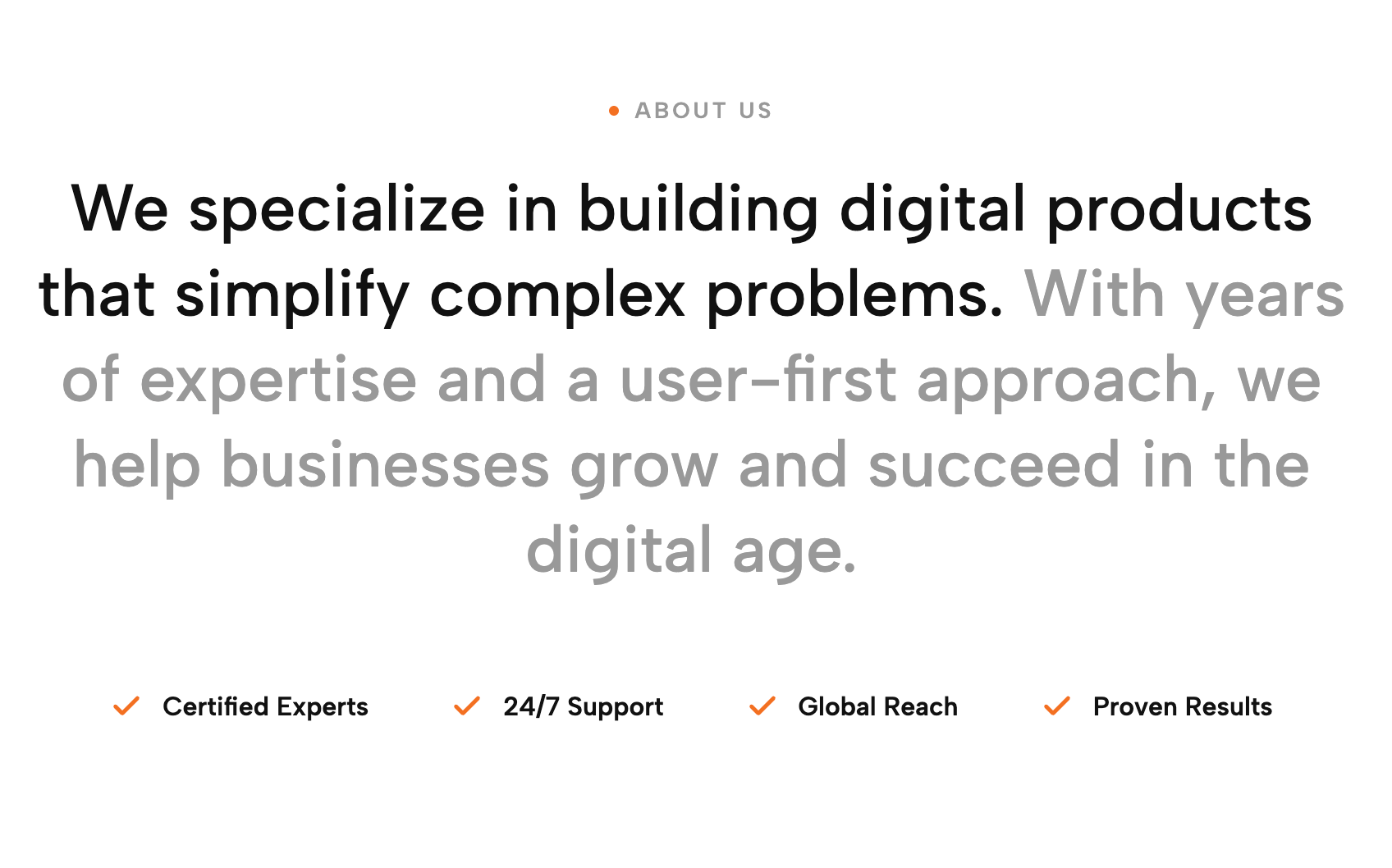 About Us Text with Faded Headline and Benefits